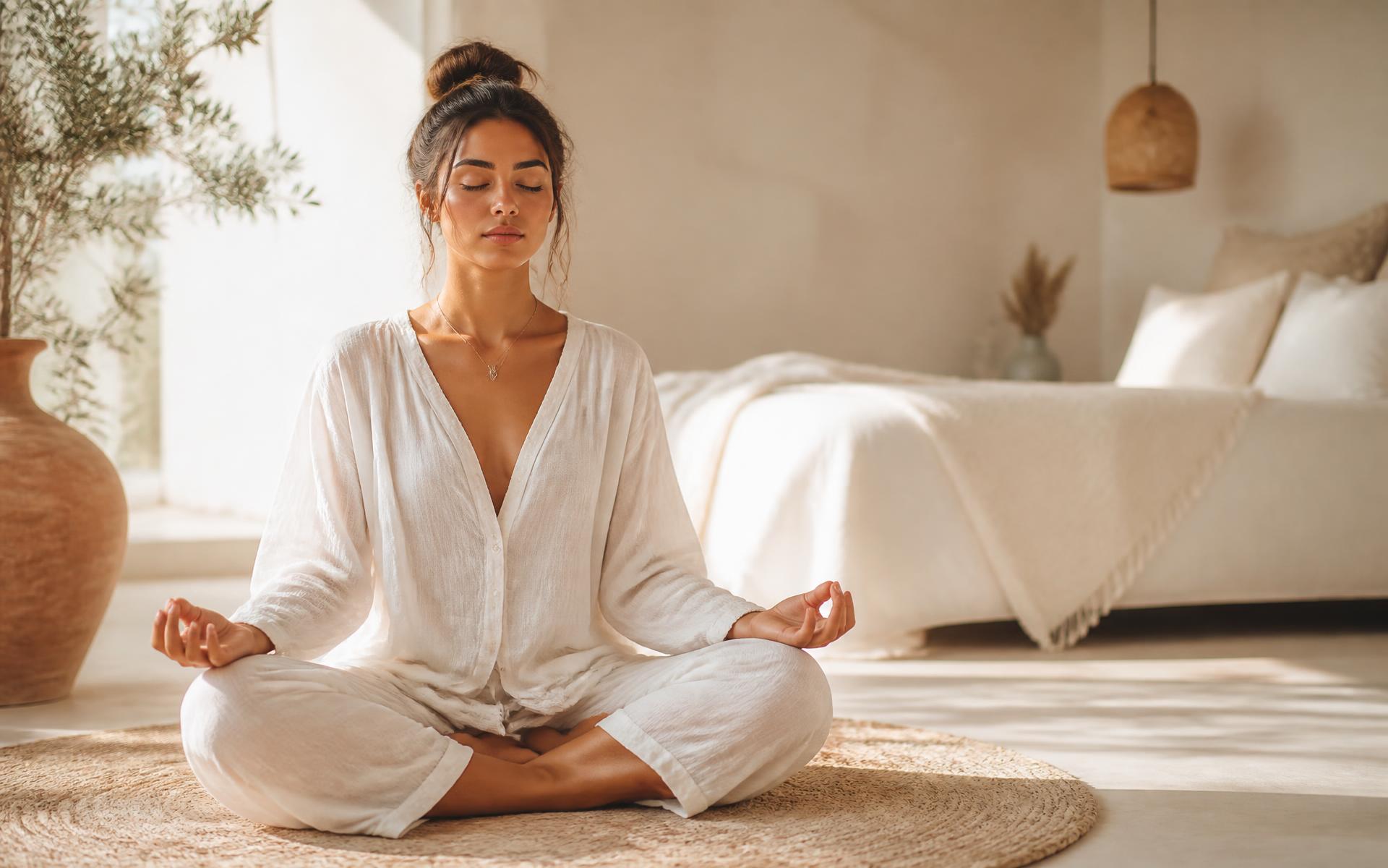 Woman sitting cross-legged in meditation in a light-filled room